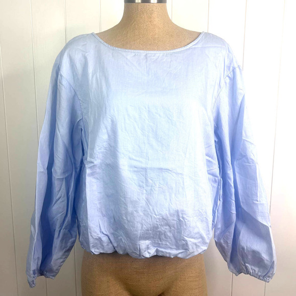 Anthropologie Meave Cropped Blue and White Small Checked Balloon Sleeve Blouse - Picture 1 of 10
